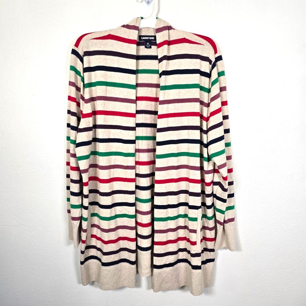 Lands End Sweater Women's 1X Beige Multicolored Stripe Open Front Cotton Summer
